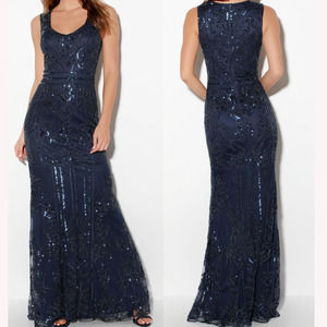LULU'S SZ M Dramatic Entrance Navy Blue Sequin Maxi Formal Party Dress NEW B54